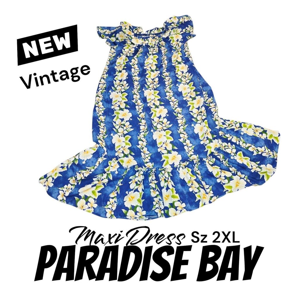 Paradise Bay 2XL NWOT Vintage Blue Hibiscus Floral Hawaiian Pullover Maxi Dress